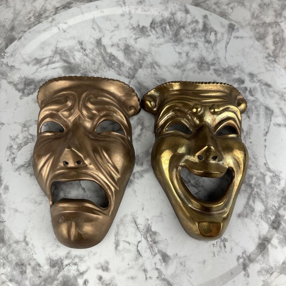 Vintage Brass Comedy Tragedy Mask Theater Wall Hang Art Drama Boho‎ MCM India